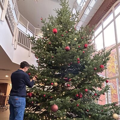 Azubi schmuckt Tannenbaum 
